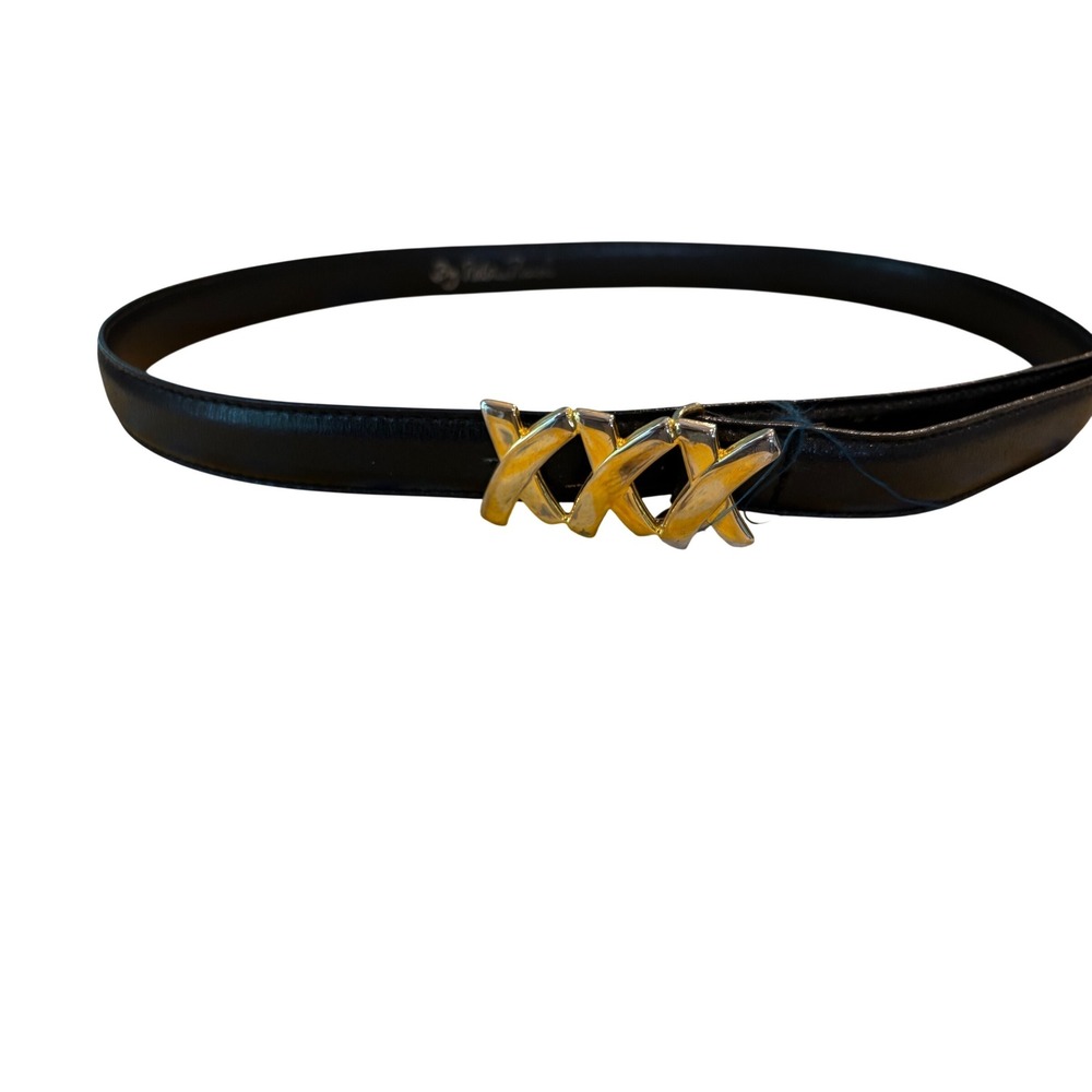 Paloma Picasso Vintage Black Leather Skinny Belt‎ Gold Triple X Buckle Womens S